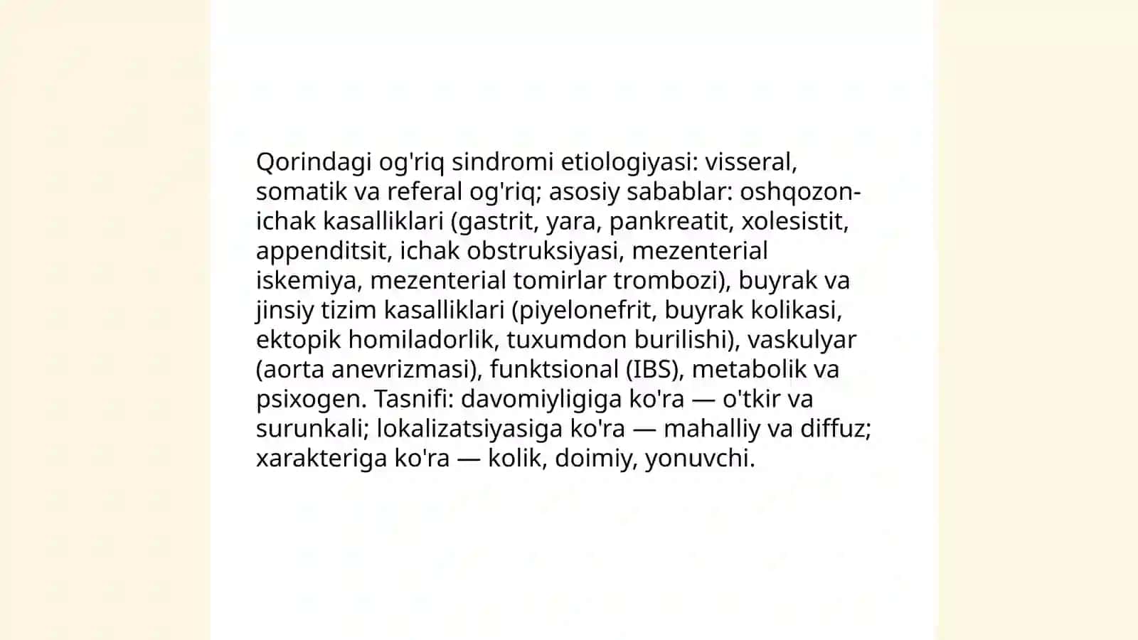 Qorindagi og'riq sindromi. Mezenterial tomirlar trombozi. Ichak, jigar, buyrak sanchigi. Shoshilinch yordam. UASh taktikasi 3