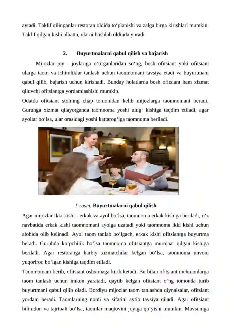 RESTORANDA MIJOZLARGA XIZMAT KO‘RSATISHNI TASHKIL ETISH 3