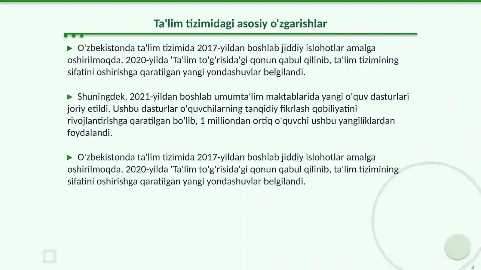 Ta'lim sohasidagi amalga oshirilgan islohotlar 3