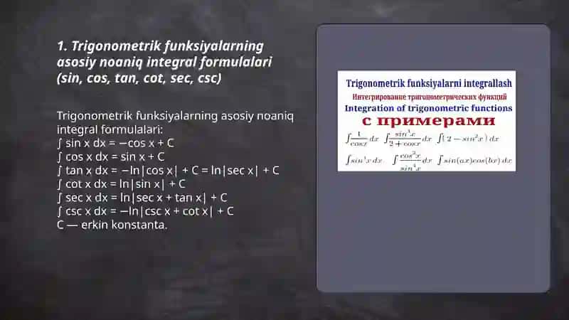Trigonometric funksiyalarni integrallash 3