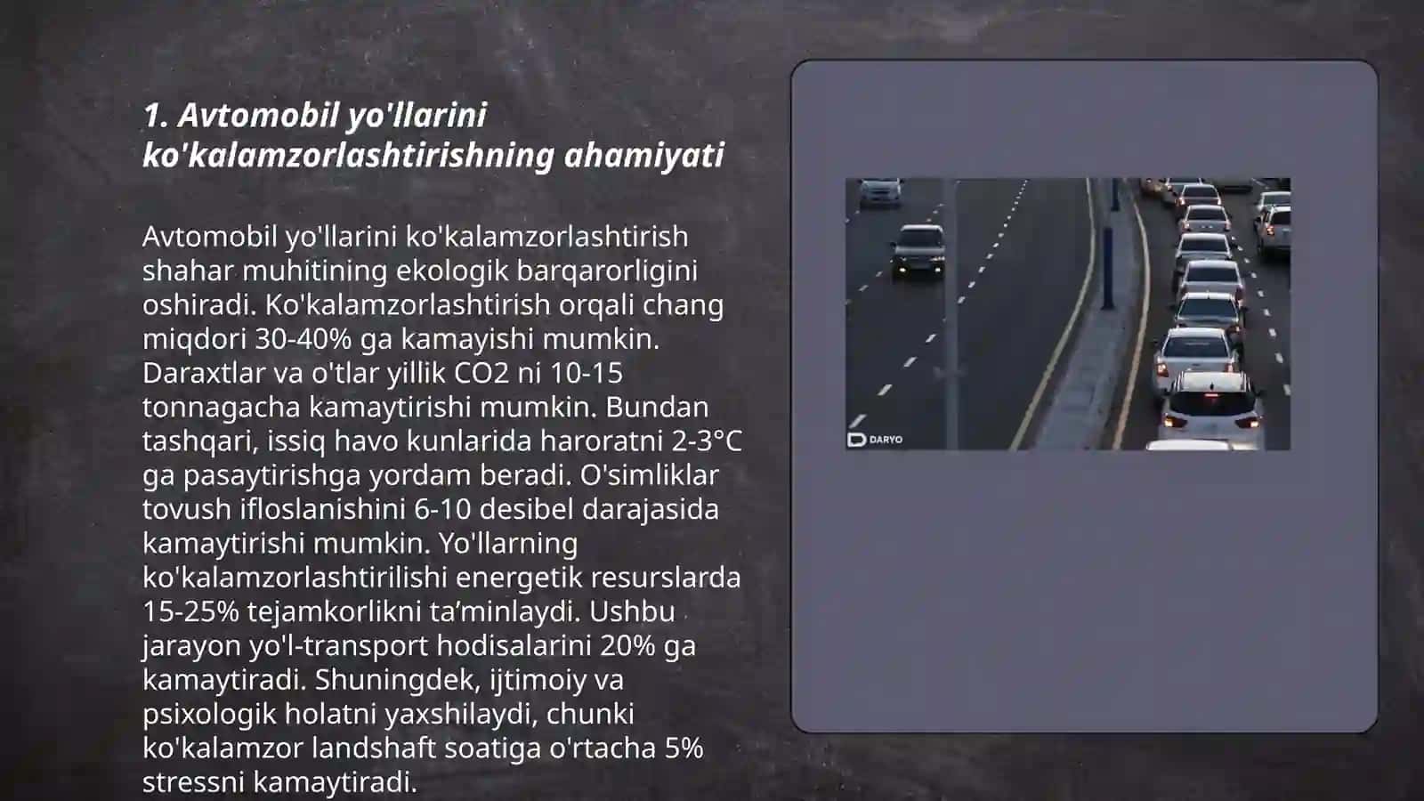 Avtomobil yo'llarini ko'kalamzorlashtirish 3