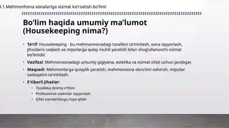 Housekeeping ishi Front-ofis bo’limini Ishlash tartibi 3