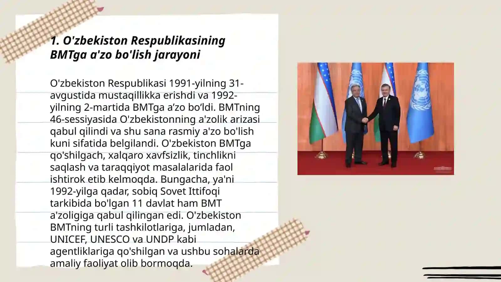 O’zbekiston Respublikasining BMTga a’zo bo’lishi va jahon hamjamiyatida tutgan o’rni 3
