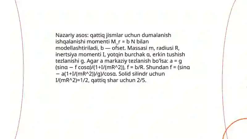 Galiley tarnovi yordamida dumalanish ishqalanish kaeffisinetini aniqlash 3