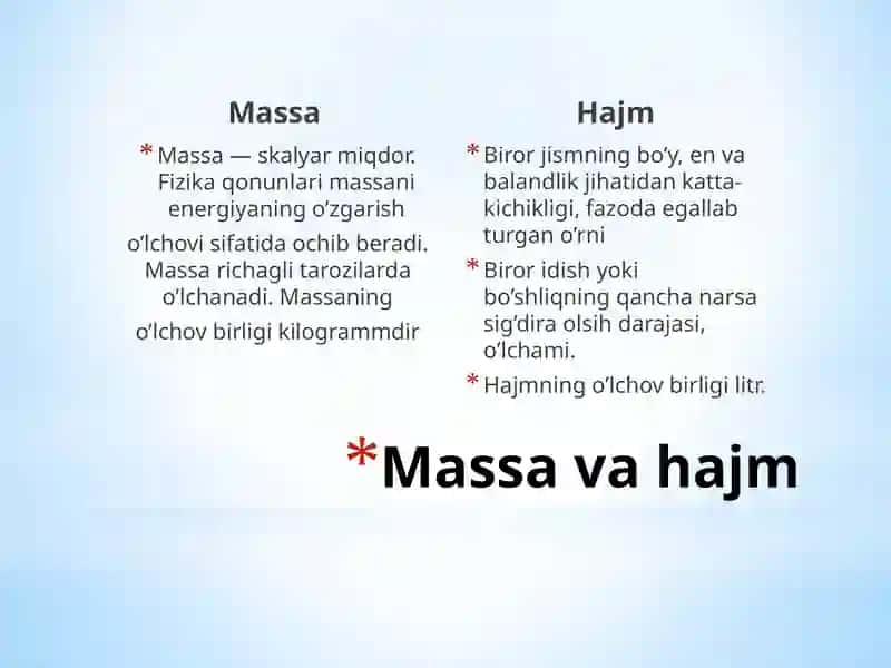 Massa va Hajm Tushunchalari 3