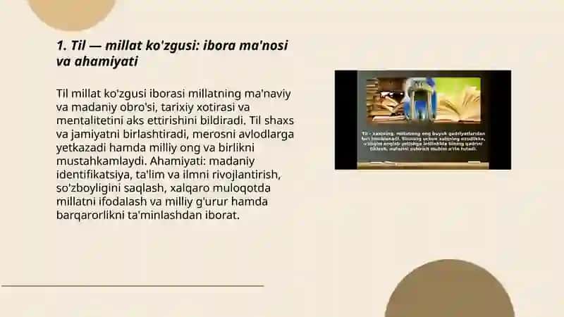 Til millat kòzgusi mavzusida tadbir o'tkaziladigan holdagi slayd 3