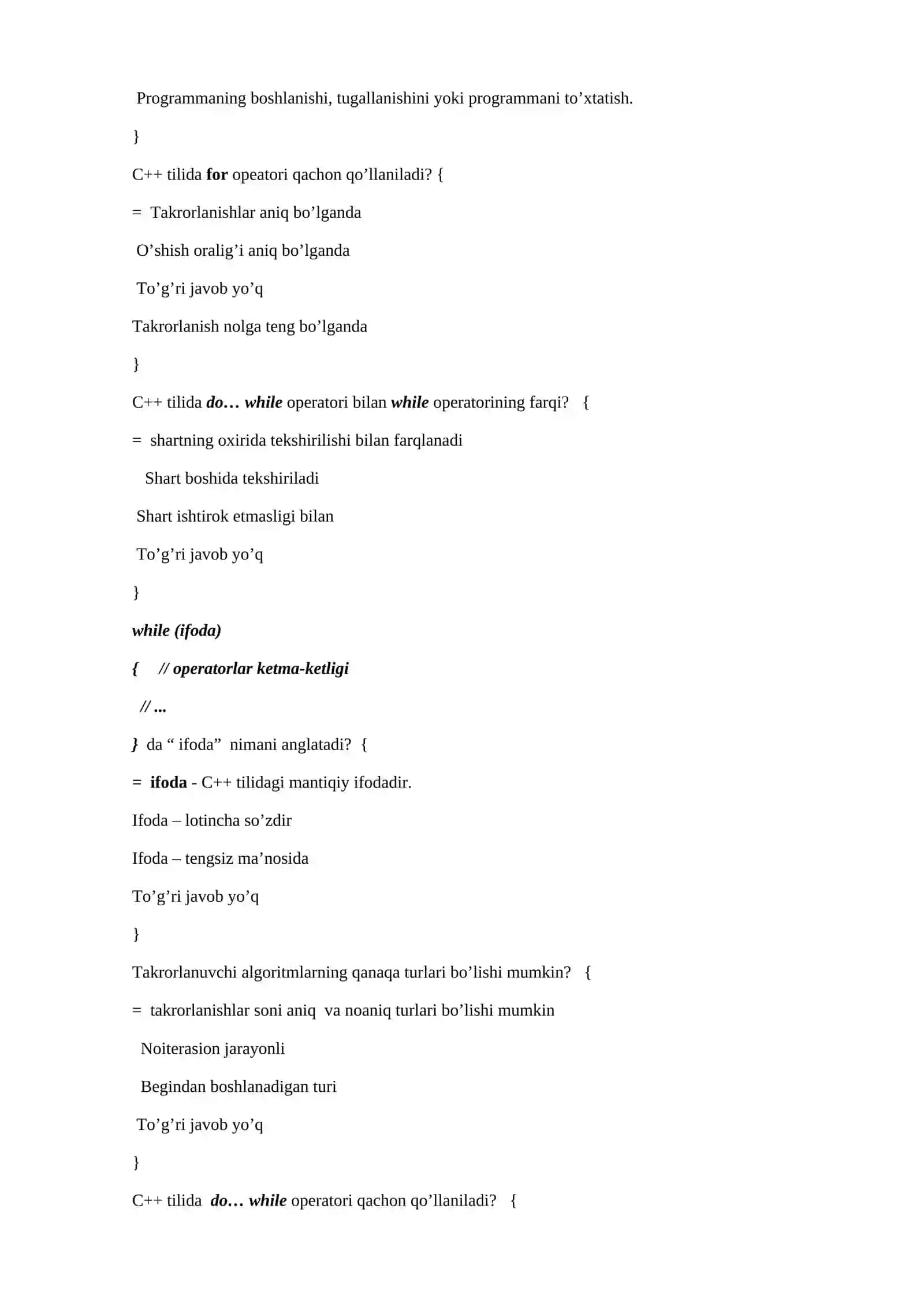 Takrorlanuvchi algoritmlarga doir test savollari 3