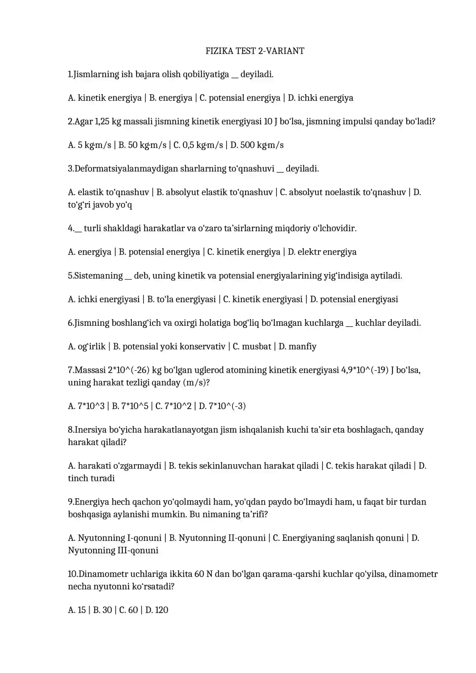 Fizika fanidan test kaliti bilan. 3