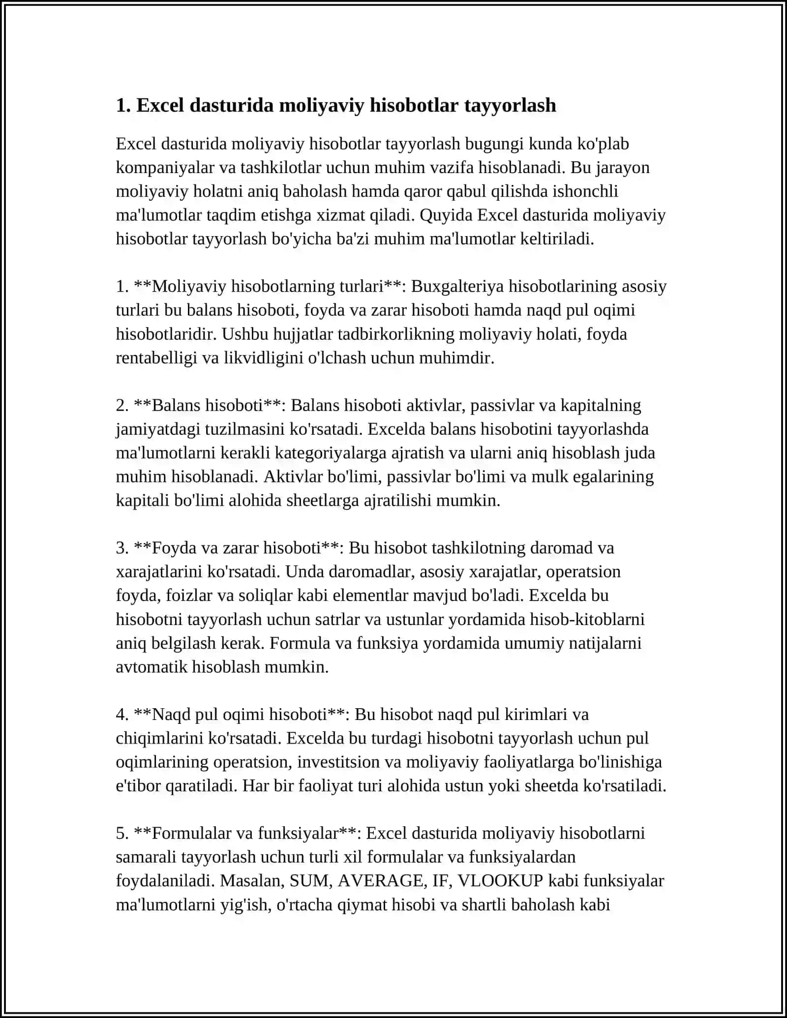 EXSEL DASTURIDA TURLI HISOBOTLAR TAYYORLASH 3