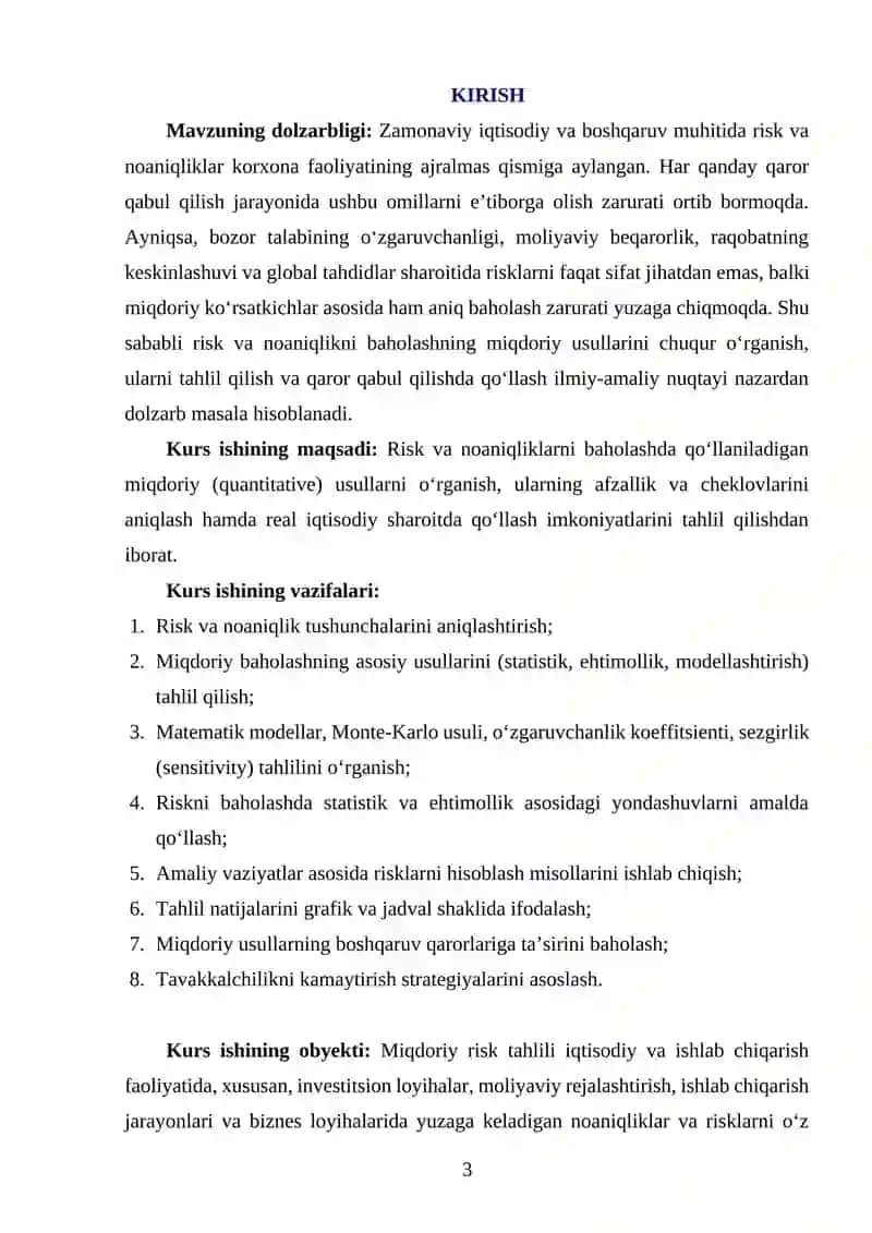 RISK VA NOANIQLIKNI BAHOLASHNING MIQDORIY USULLARI 3
