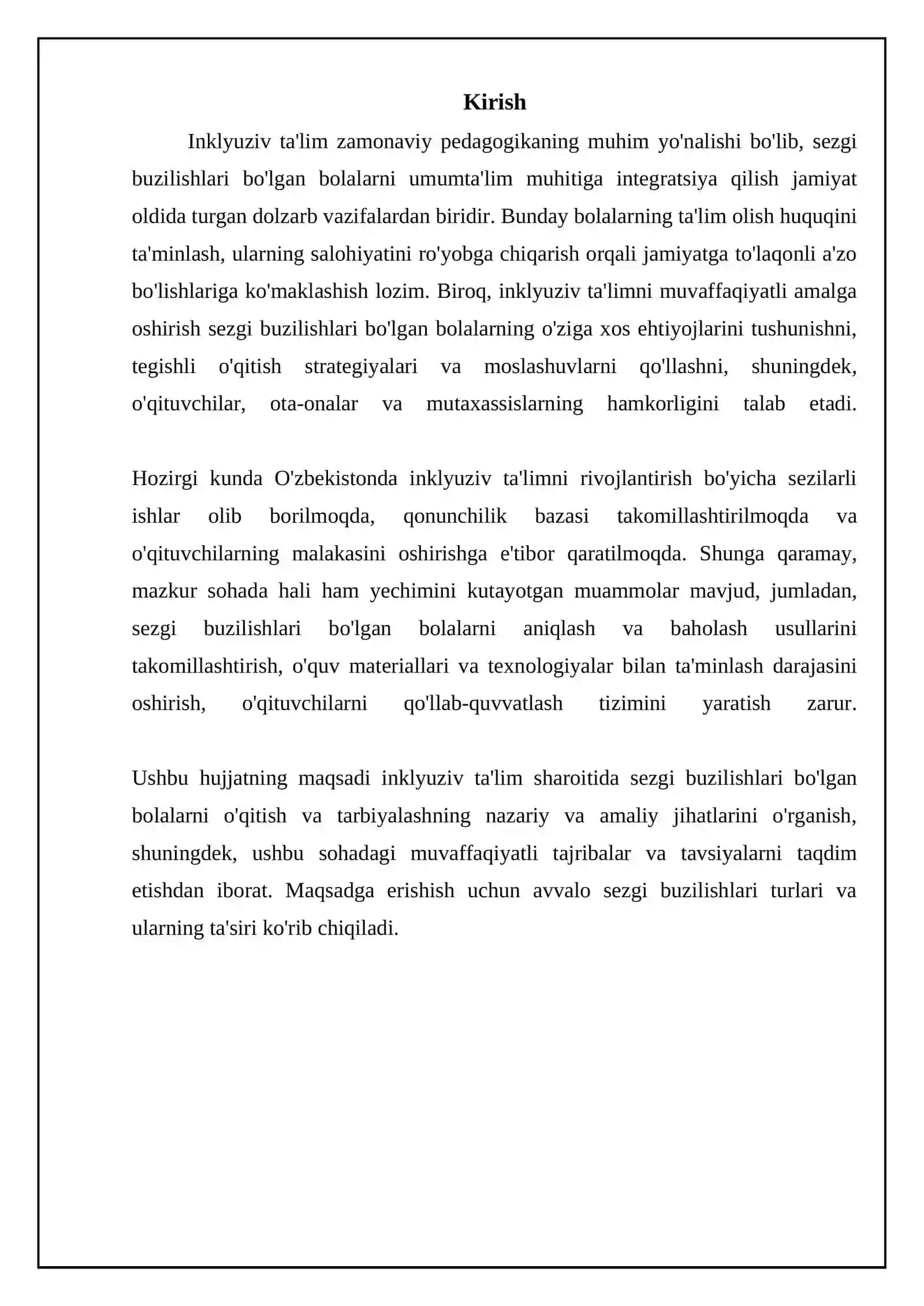 SENSOR NUQSONLI BOLALARNI INKLYUZIV TA’LIM SHAROITIDA O’QITISH VA TARBIYALASH REFERAT 3