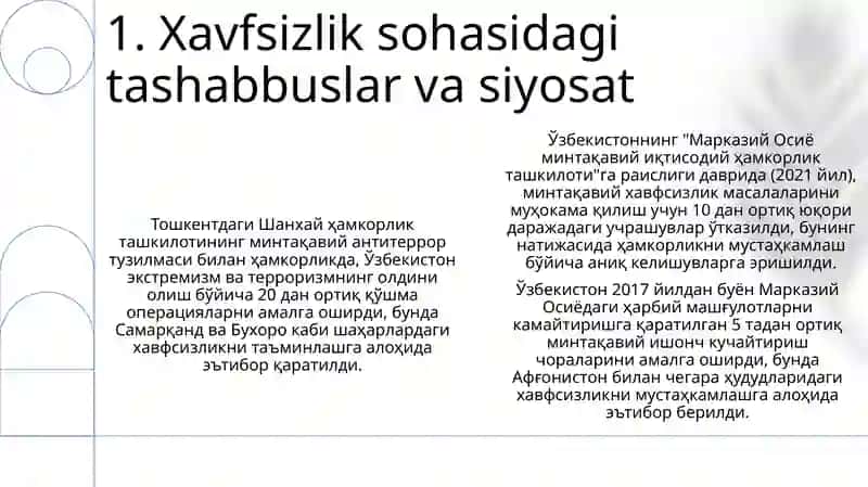 O'zbekistonning Markaziy Osiyoda tinchlik va barqarorlikni ta'minlashdagi roli 3