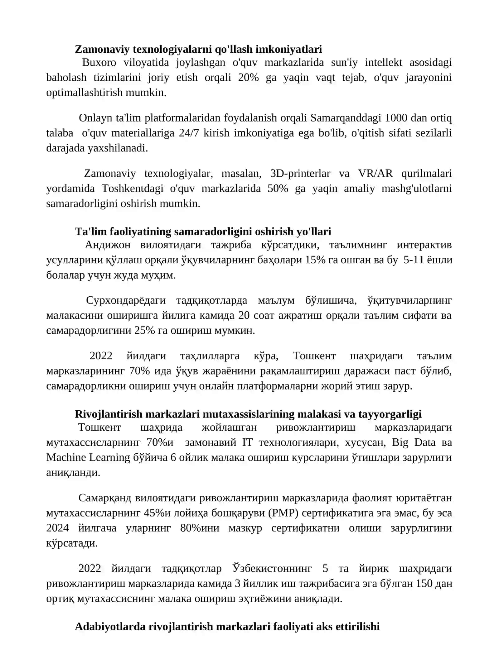 Rivojlanish markazlari taʼlim faoliyati va ularga qoʻyiladigan talablar adabiyotlarni oʻrganish 3