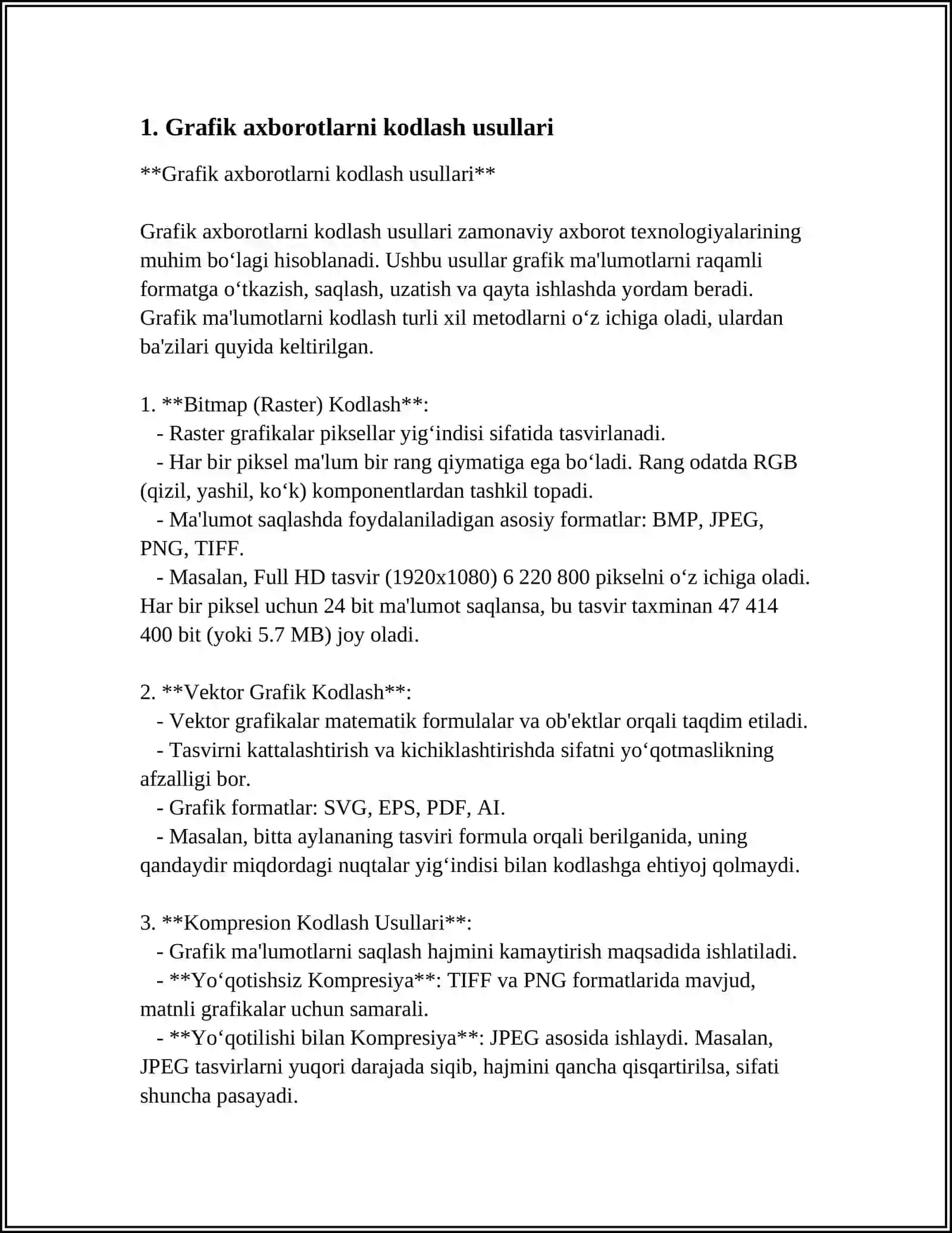 GRAFIK AXBOROTLARNI KODLASH 3