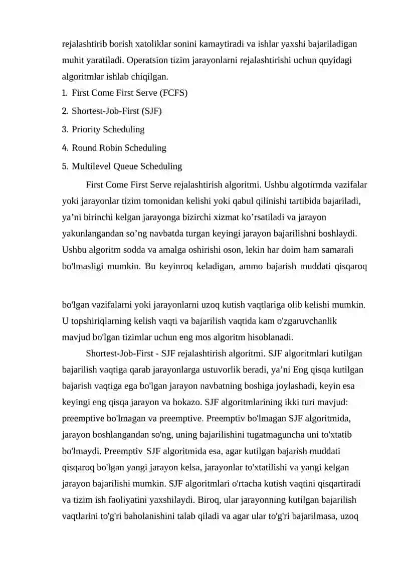 Jarayonlar boshqaruvi va rejalashtirish algoritmlari Operatsion tizimlar fanidan 3