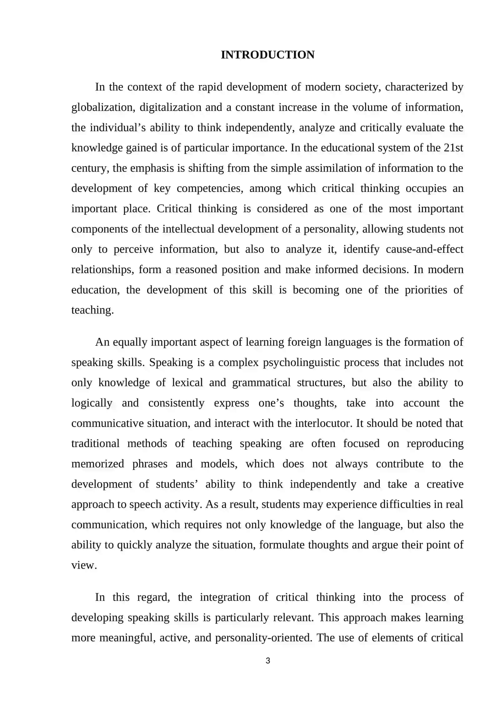 COURSE WORK THEME: INTEGRATING CRITICAL THINKING INTO SPEAKING SKILL DEVELOPMENT 3
