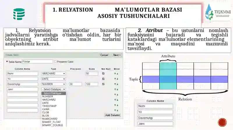 Relatsion model asoslari va asosiy tushunchalar (jadval, ustun, satr, kalitlar) 3