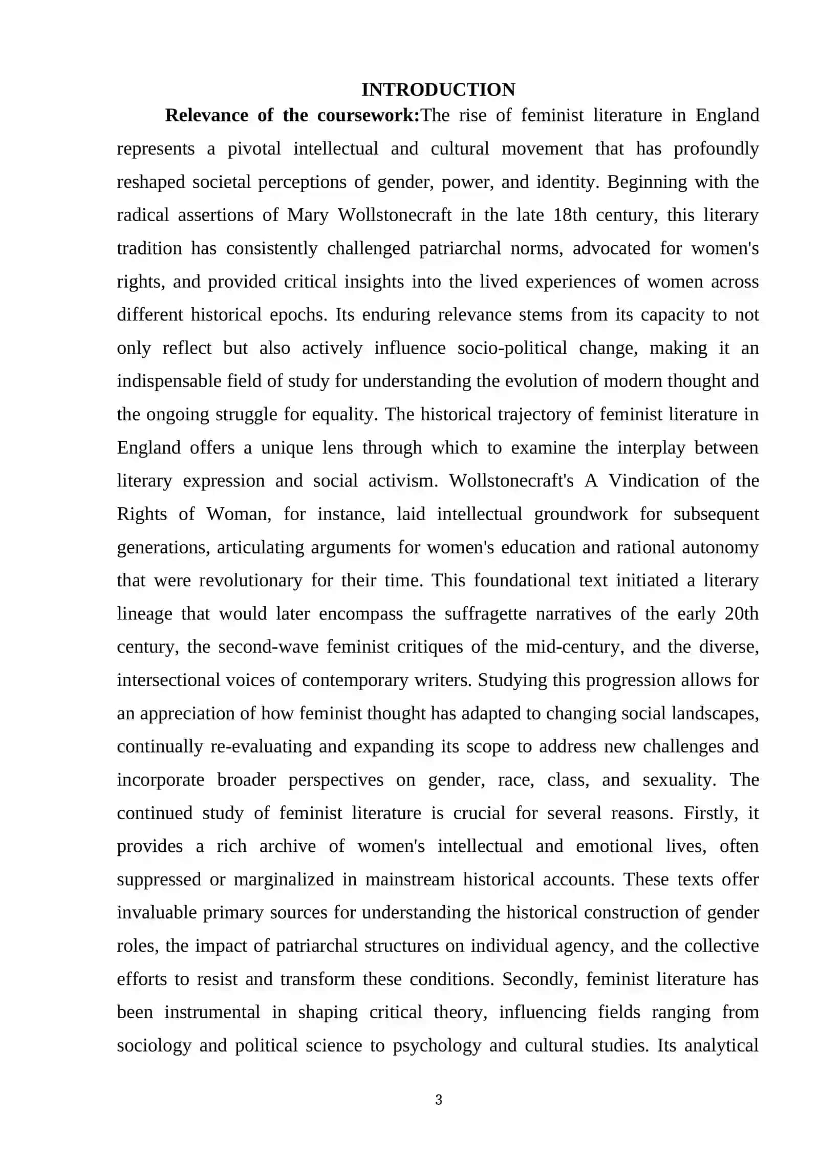 "THE RISE OF FEMINIST LITERATURE IN ENGLAND FROM MARY WOLLSTONECRAFT TO THE PRESENT" 3