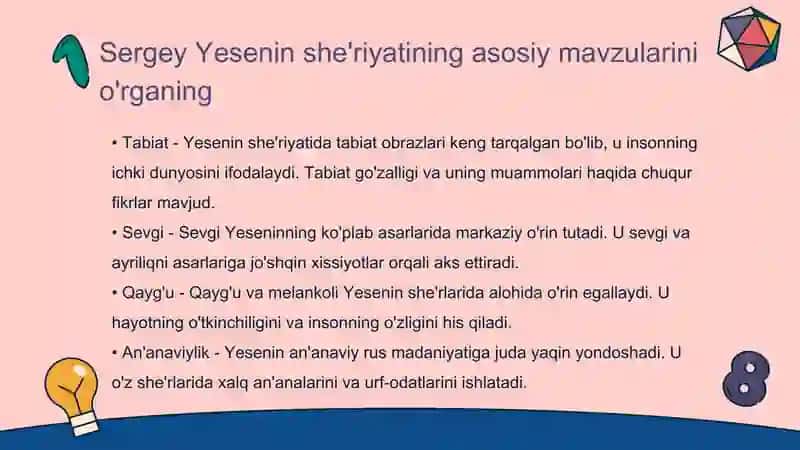 Sergey Yesenin she'riyatining asosiy mavzularini o'rganing 3