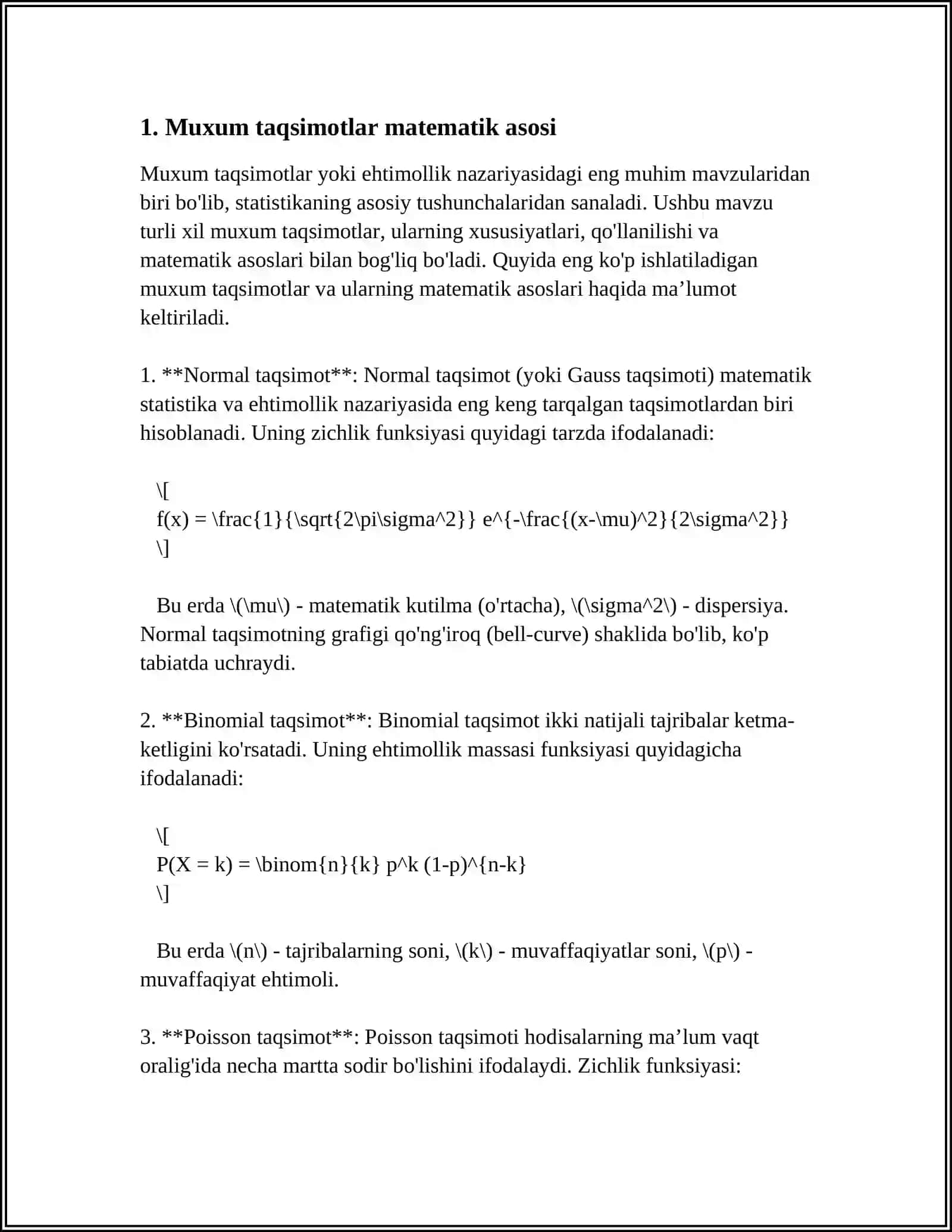 MUXUM TAQSIMOTLAR PARAMETRLARI UCHUN INTERVAL BAHOLAR TUZISH 3