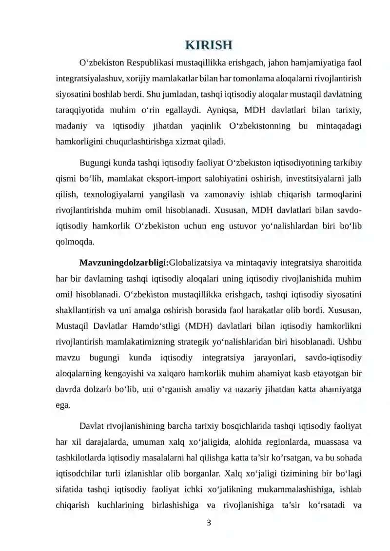 O‘zbekiston Respublikasining tashqi iqtisodiy aloqalari va MDH davlatlari bilan iqtisodiy hamkorligi 3