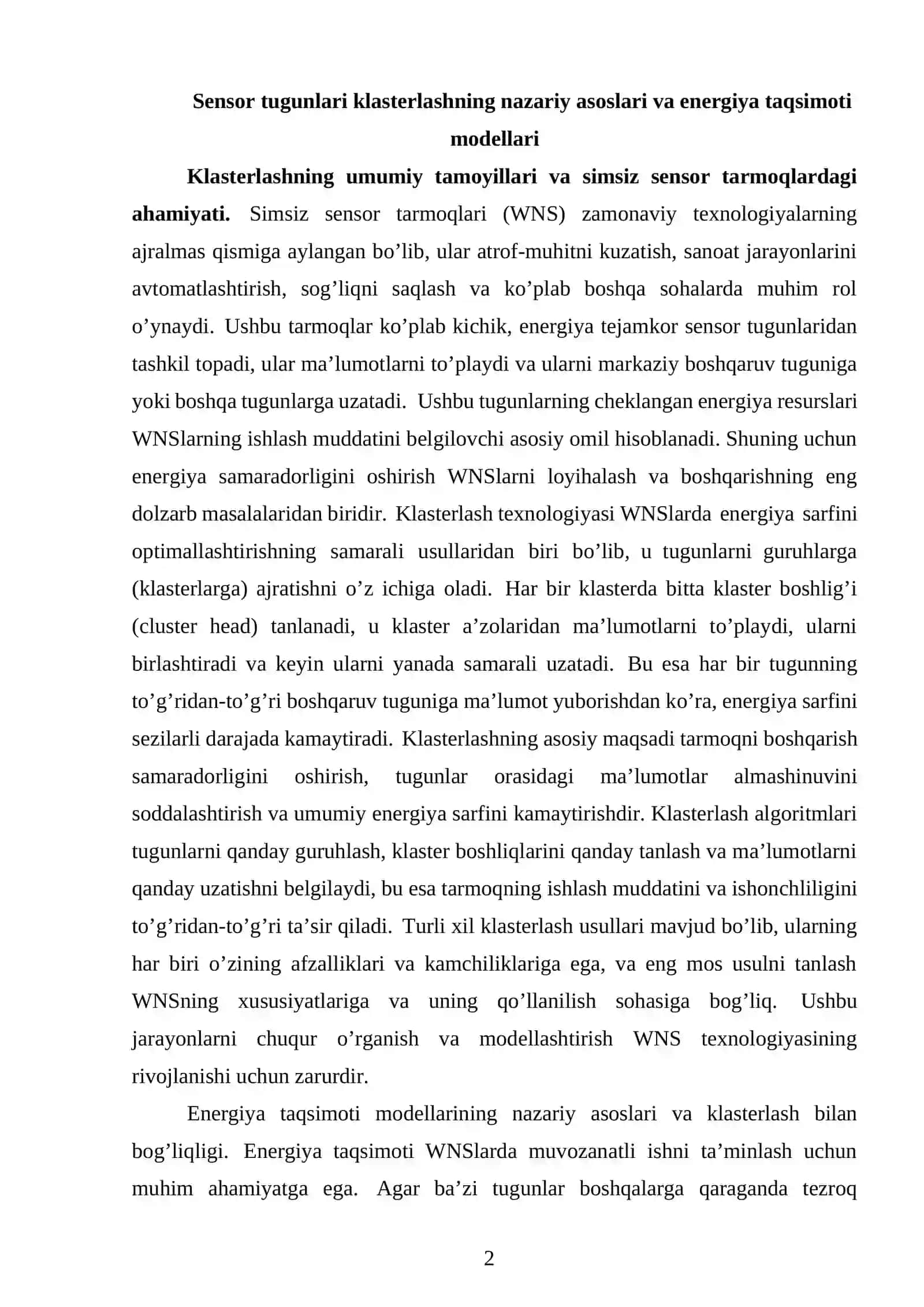Klasterlash asosida sensor tugunlar o‘rtasida energiyani teng taqsimlash jarayonini o‘rganish va modellashtirish 3