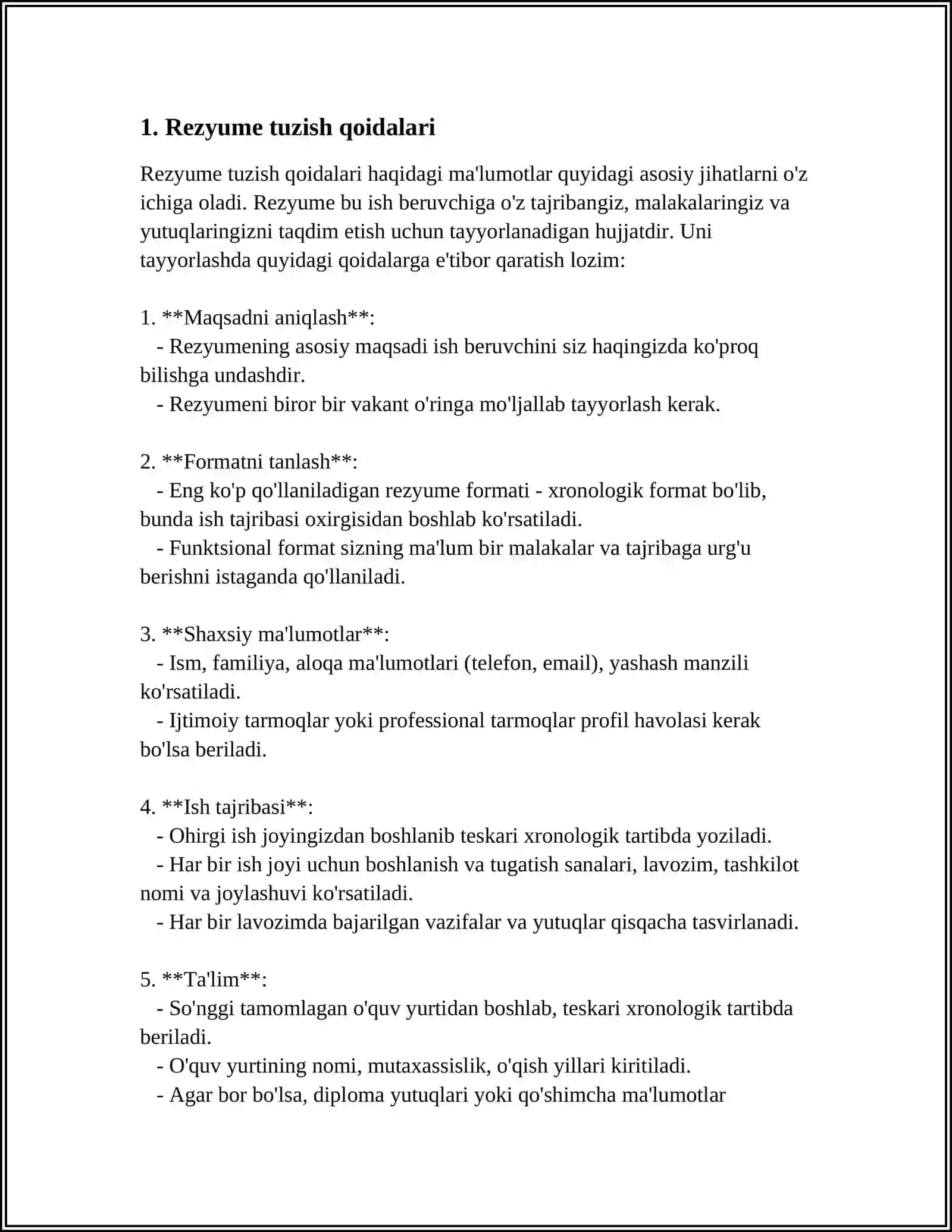 REZYUME,CV, MA'LUMOTNOMA HUJJATLARI 3