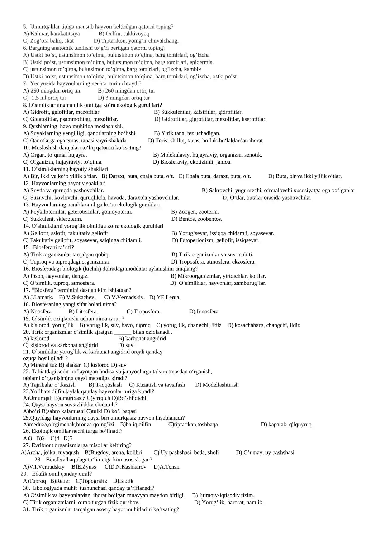 Ekologiya sinovlari va javoblari 3