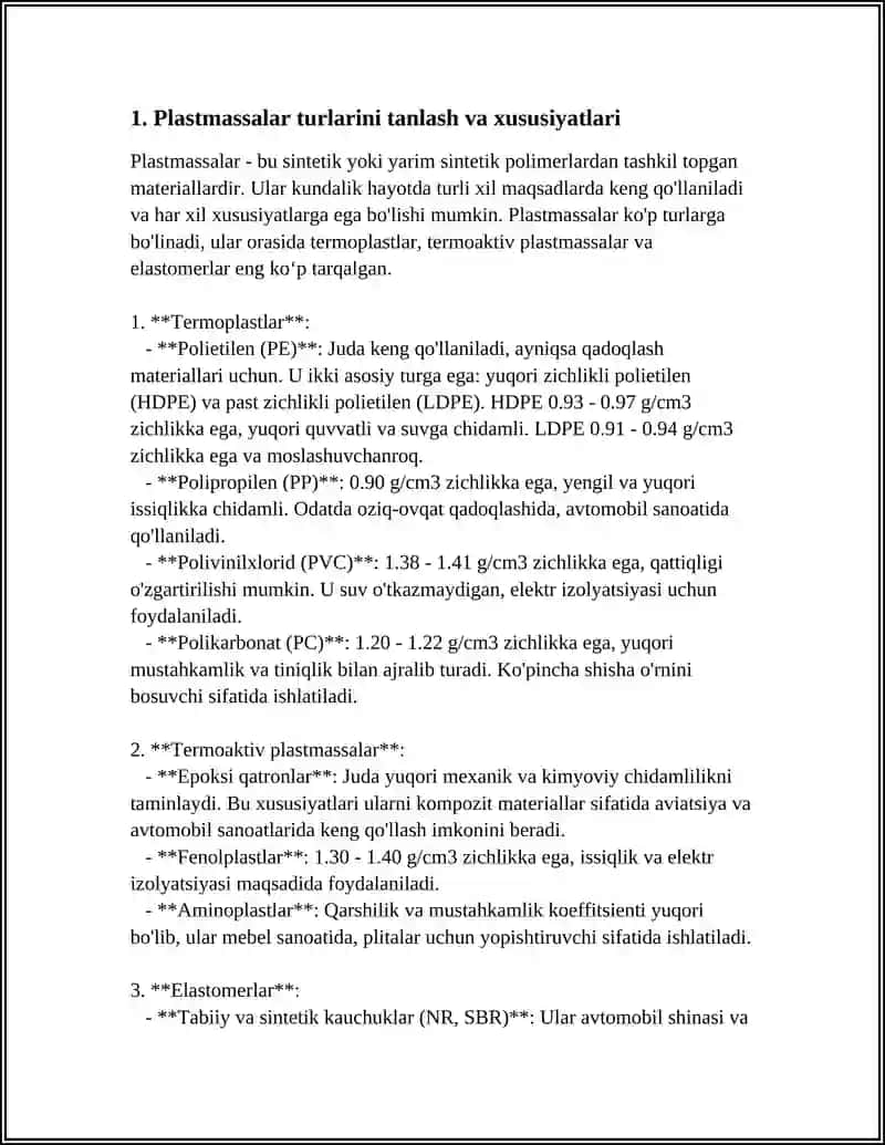 PLASTMASSALARDAN BUYUMLAR ISHLAB CHIQARISH 3