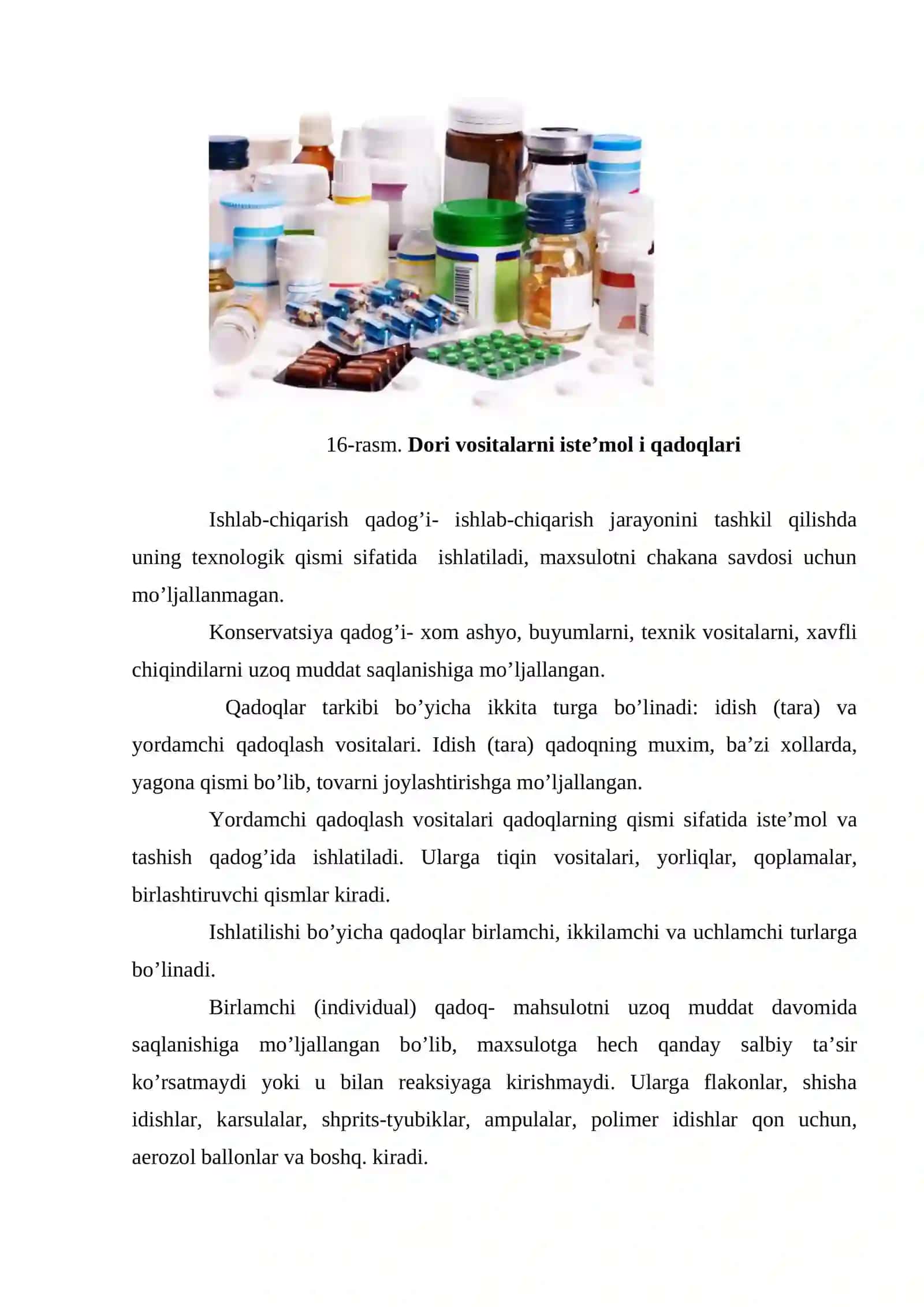 DORI VOSITALAR, TIBBIY BUYUMLAR VA FARMATSEVTIK TOVARLARNI ISHLAB CHIQARISH, QADOQLASH VA SAQLASH 3