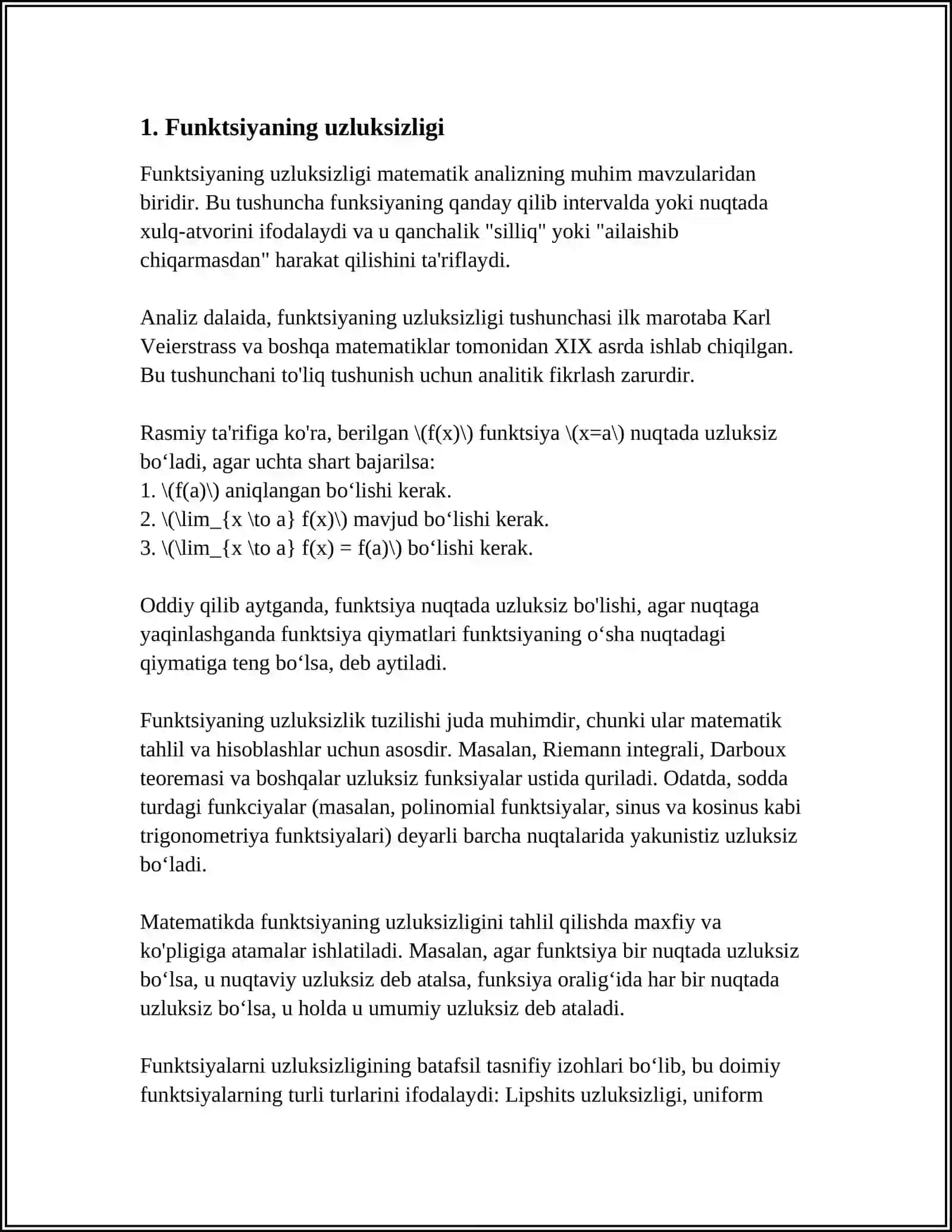 FUNKSIYANING UZLUKSIZLIGINI ANIQLASHDA BIR TOMONLAMA LIMITLAR 3