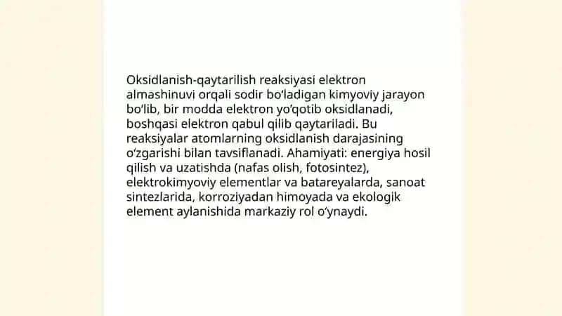 Oksidlanish-qaytarilish reaksiyalaring turlari va ahamiyati 3