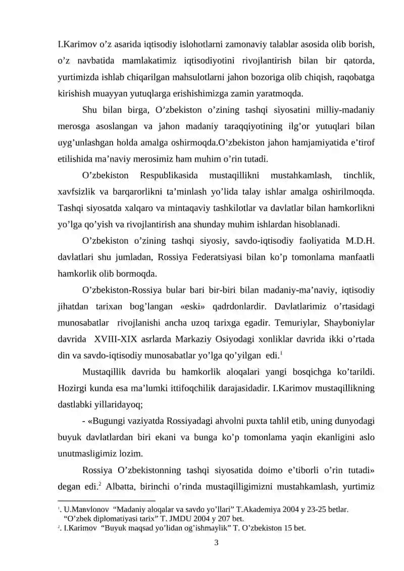 O'ZBEKISTONNING RESPUBLIKASI VA ROSSIYA FEDERATSIYASI O'RTASIDA HAMKORLIK ALOQALARINING YO'LGA QO'YILISHI 3