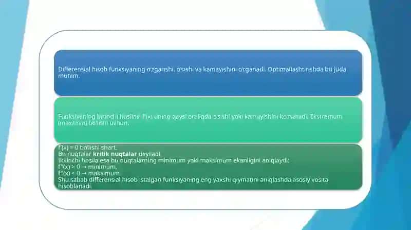 Optimallashtirish masalalarida differensial hisobning roli 3