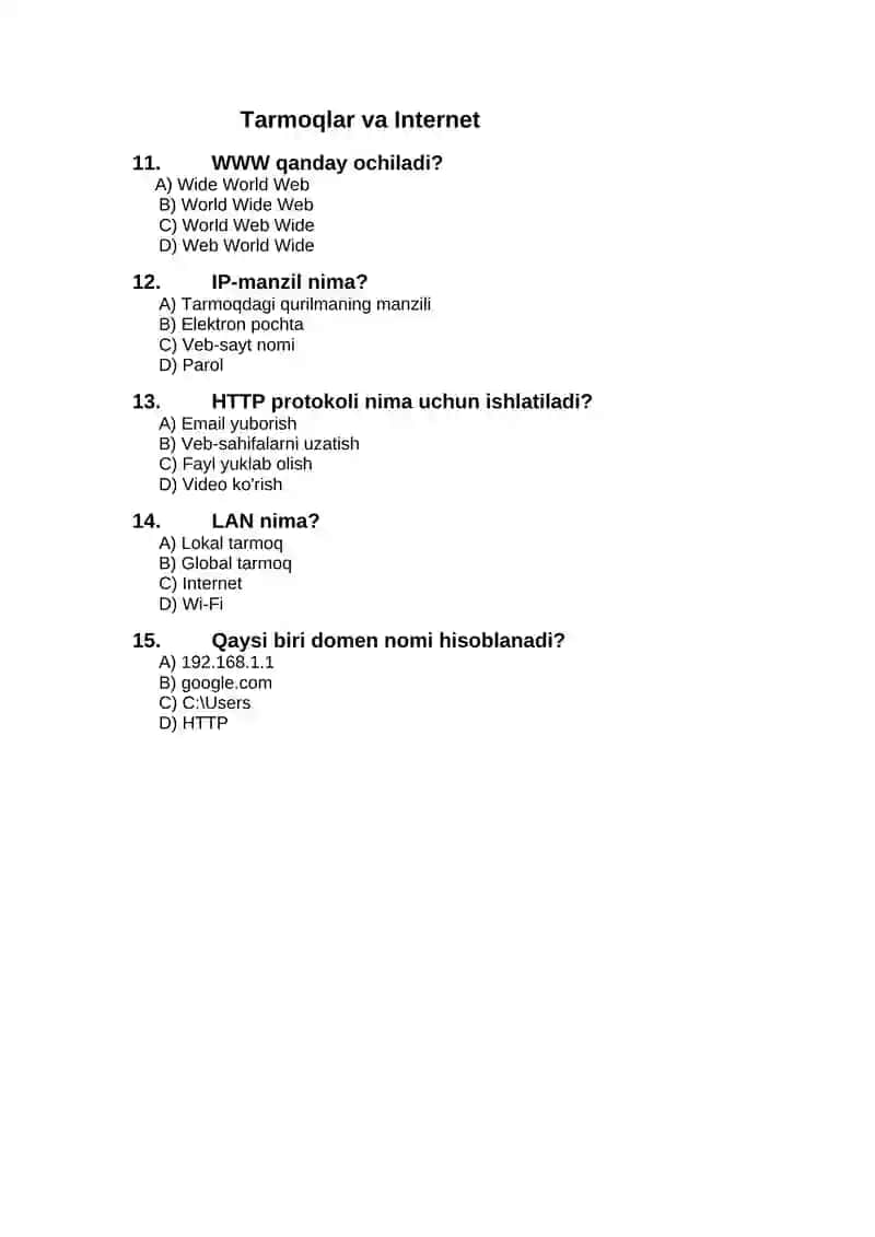 Axborot Texnologiyalari Testi 3