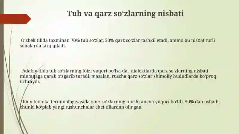 O‘zlashma va olinma so‘zlarning o‘zbek tilidagi o'rni 3