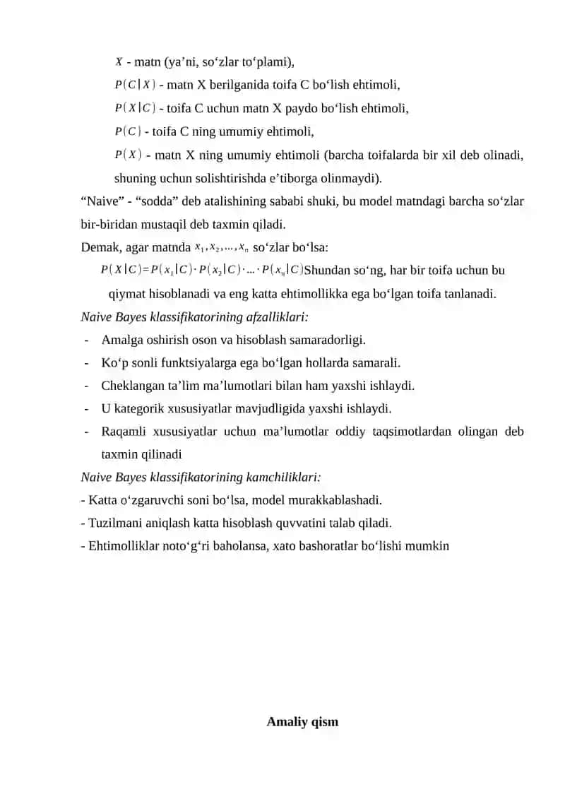 Bayes klassifikatori asosida matnlarni tasniflash 3
