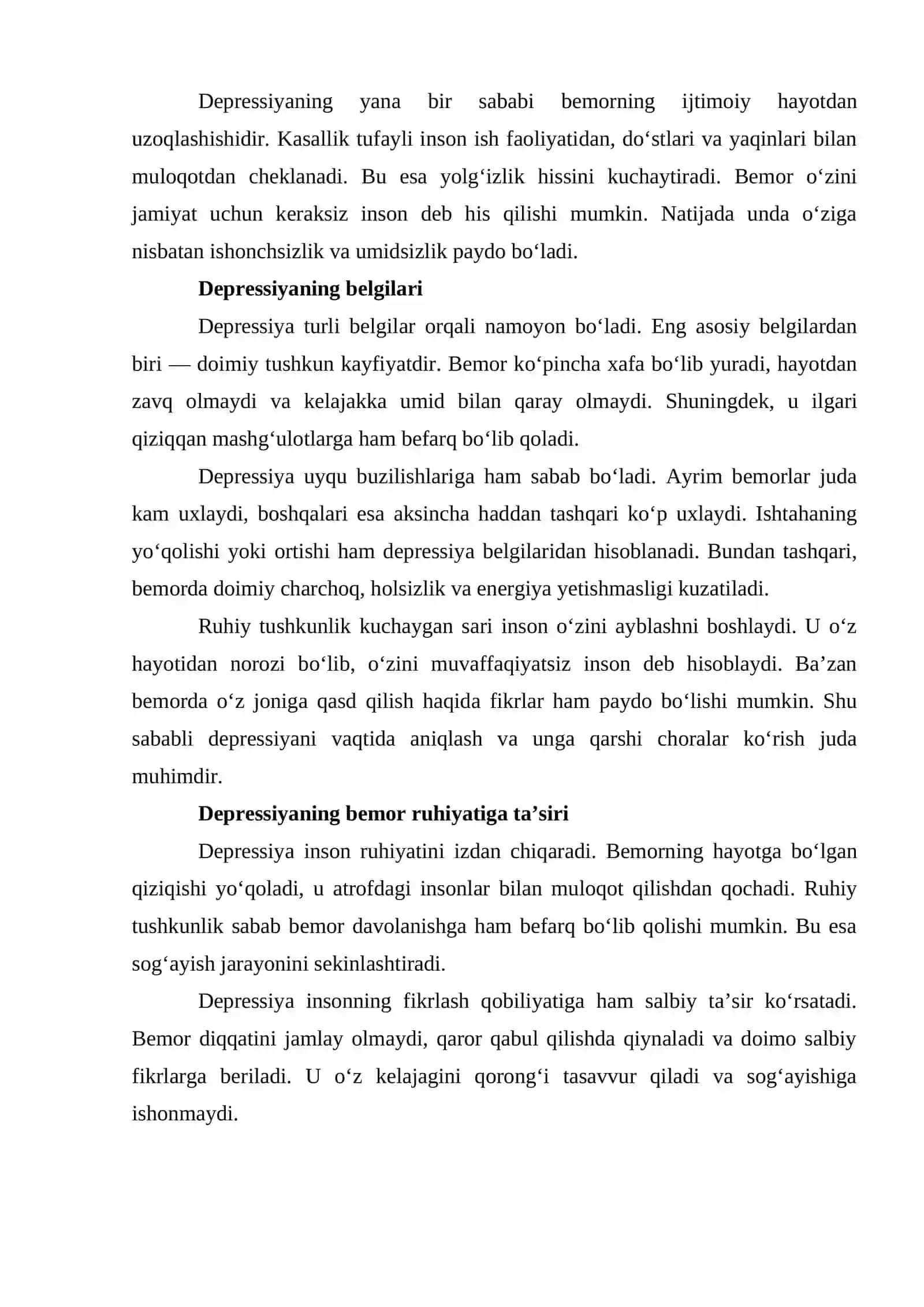 BEMORLARNING RUHIY HOLATI «DEPRESSIYA, SHOK, QO‘RQUV, CHO‘CHISH, IPOXONDRIYA, O‘ZINI AYBDOR XIS QILISH», SUITSIDAL FIKRLASH 3