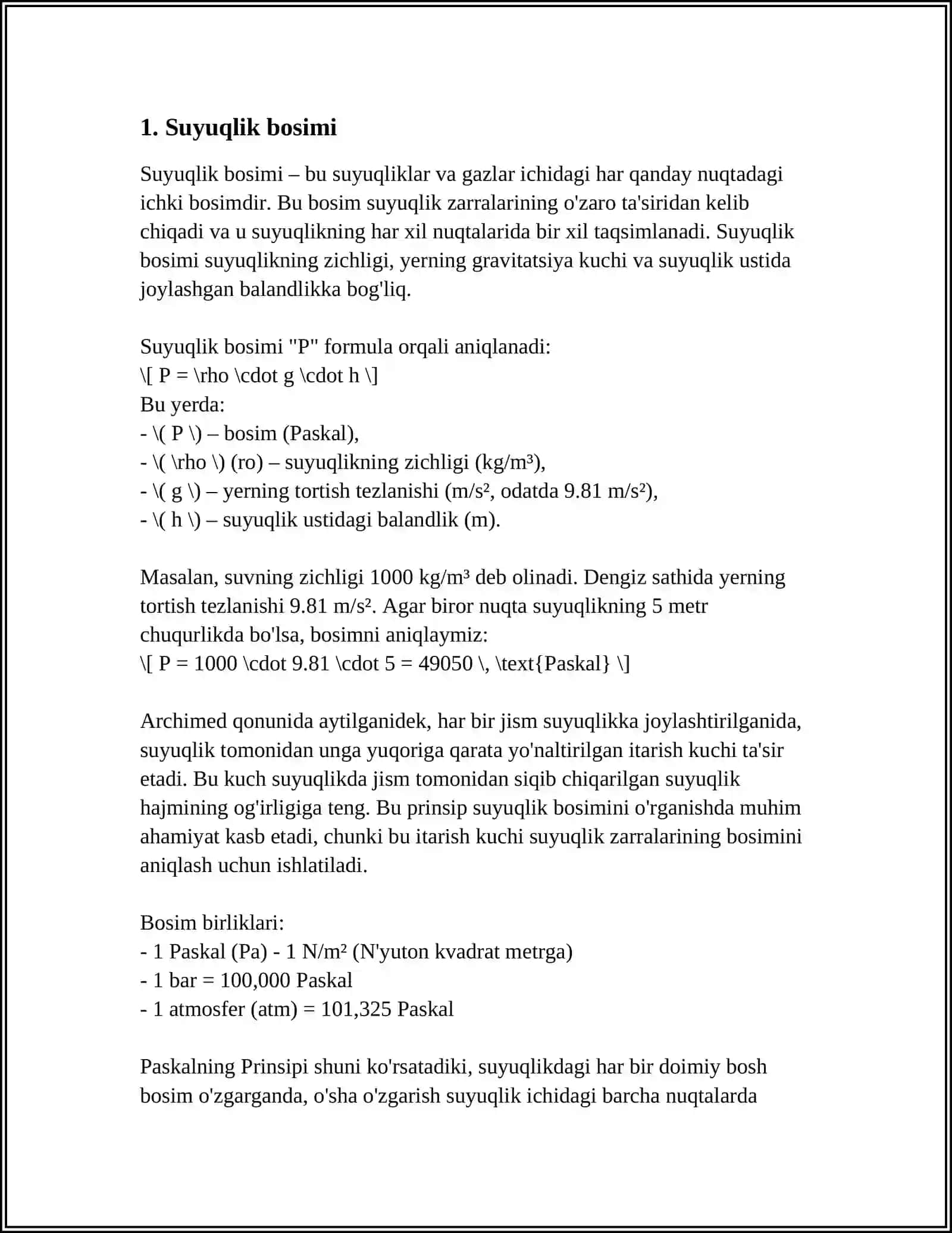SUYUQLIK VA GAZLAR. BOSIM 3