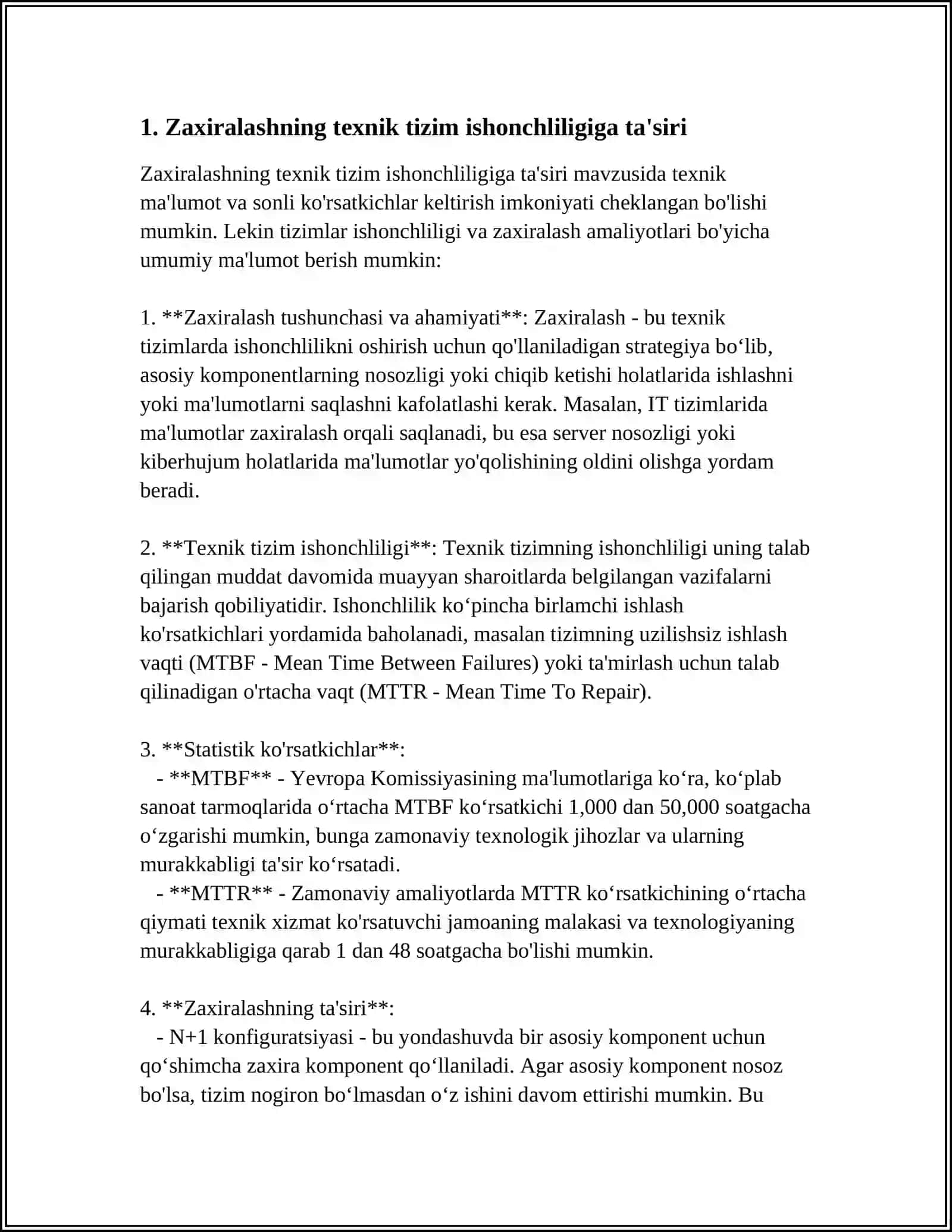 TEXNIK TIZIM ISHONCHLILIGINI OSHIRISHDA ZAXIRALASHNING ÖRNI 3