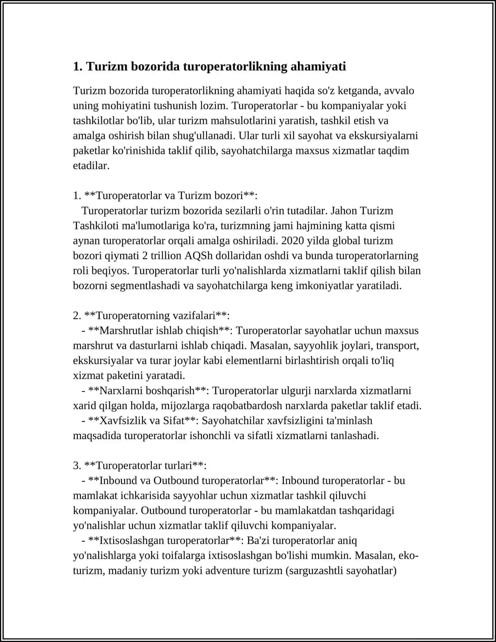 TURIZM BOZORIDA TUROPERATORLIK FAOLIYATINING ASOSIY FUNKSIYALARI 3