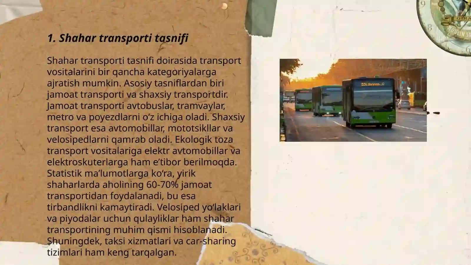 Shahar transporti tasnifi, yutuqlari va rivojlantirish muammolari 3