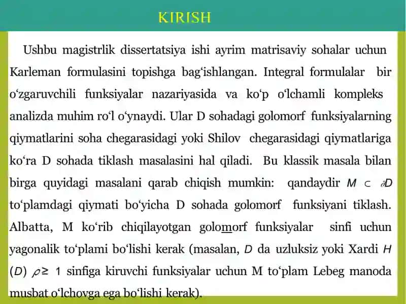 MATRISAVIY SOHALARDA KARLEMAN FORMULALARI 3