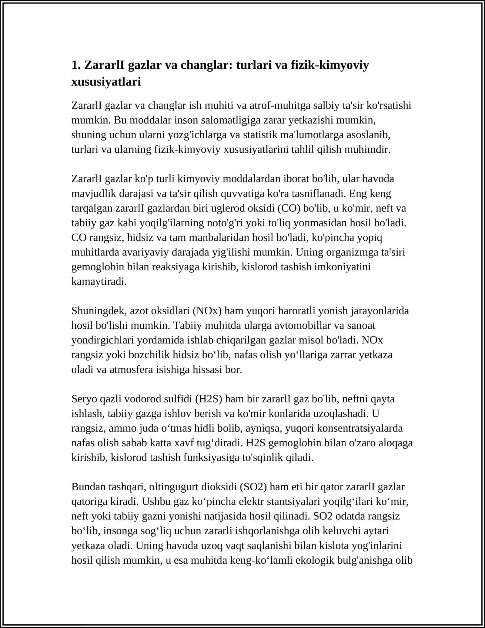 ZARARLI GAZ VA CHANGLARDAN XIMOYALANISH Referat 3