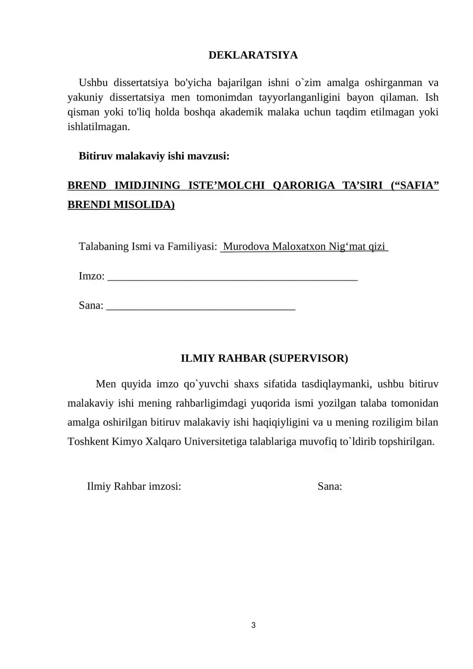 BMI. Brend imidjining iste’molchi qaroriga ta’siri (“SAFIA” brendi misolida) 3