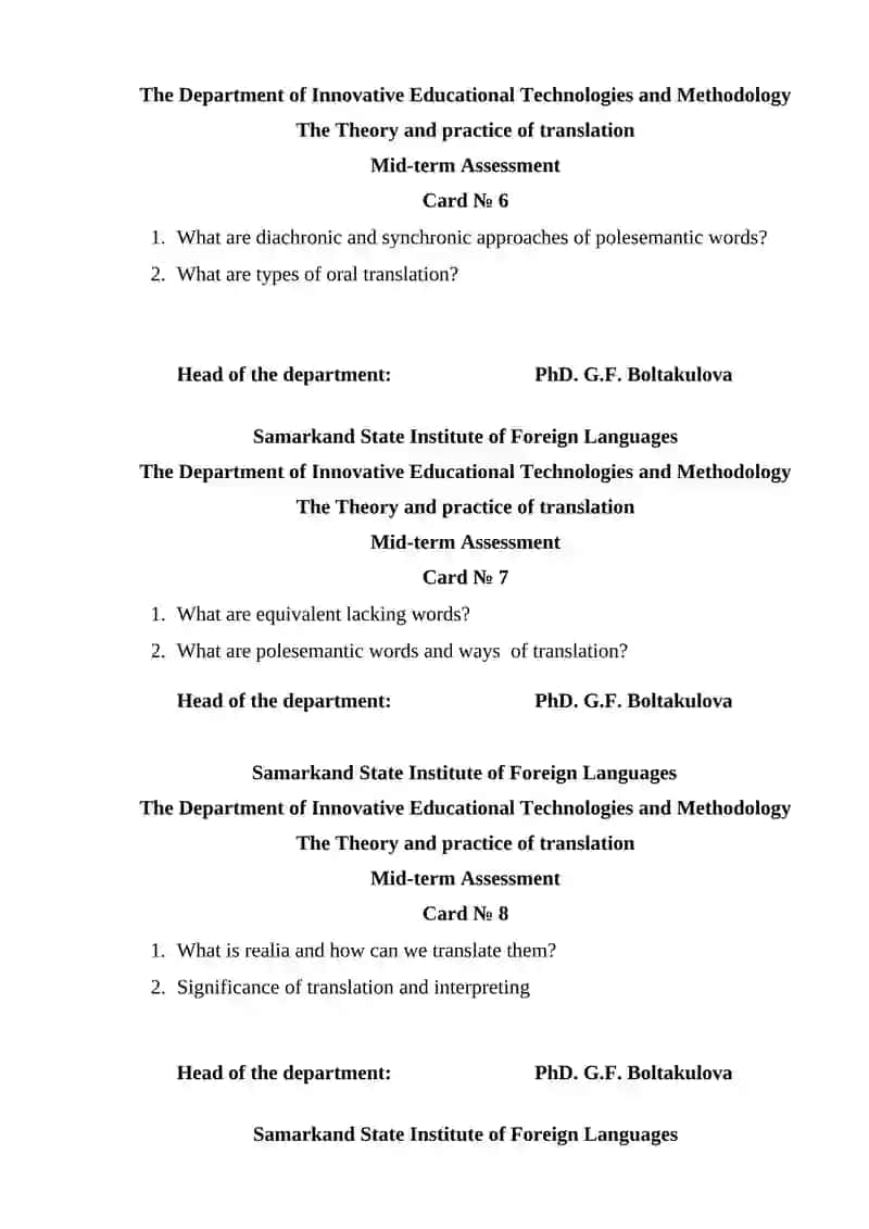 Mid-term Assessment Cards on Translation Theory 3