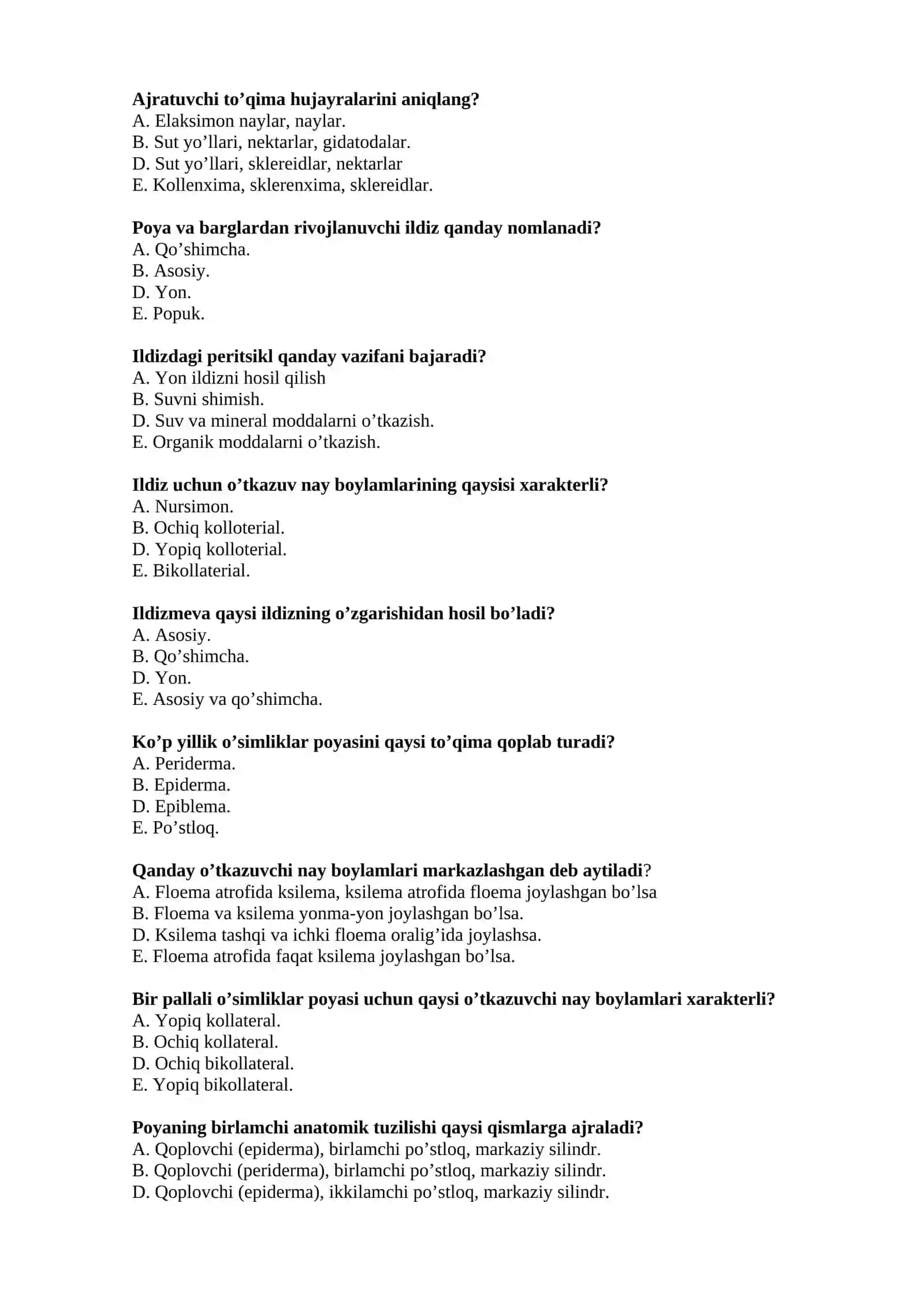Botanika fanidan oraliq nazorat uchun test variantlari 3