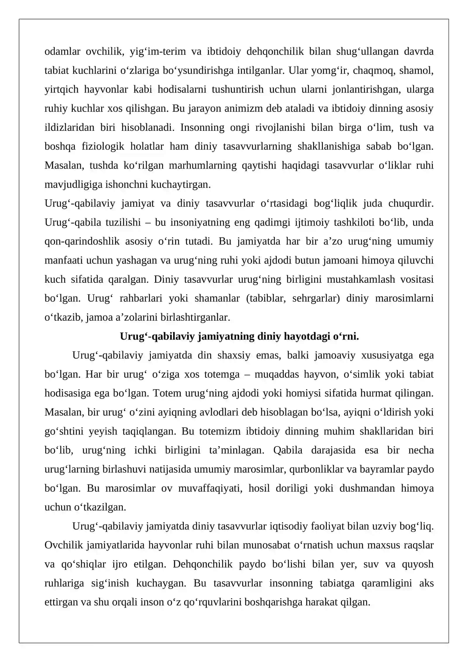 Urug’ qabilaviy dinlari totemizm, animizm, fetishizm, shomonizm, magiya, ibtidoiy mifologiya va ularning ta’rifi. Ibtidoiy dinlarning bugungi kunda ijtimoiy hayotda tutgan o‘rni 3