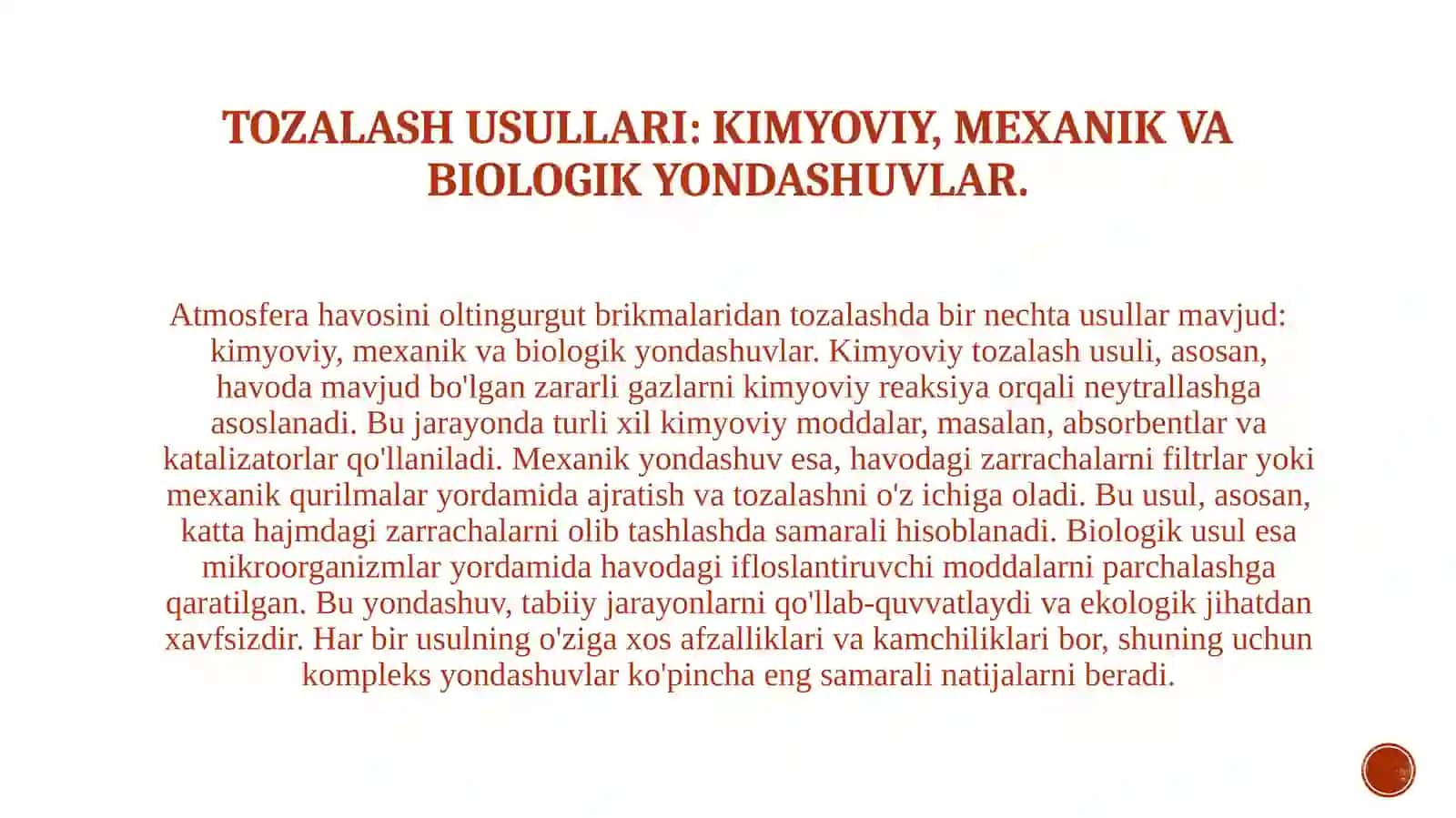 Atmosfera havosini oltingurgut brikmalaridan tozalash. 3
