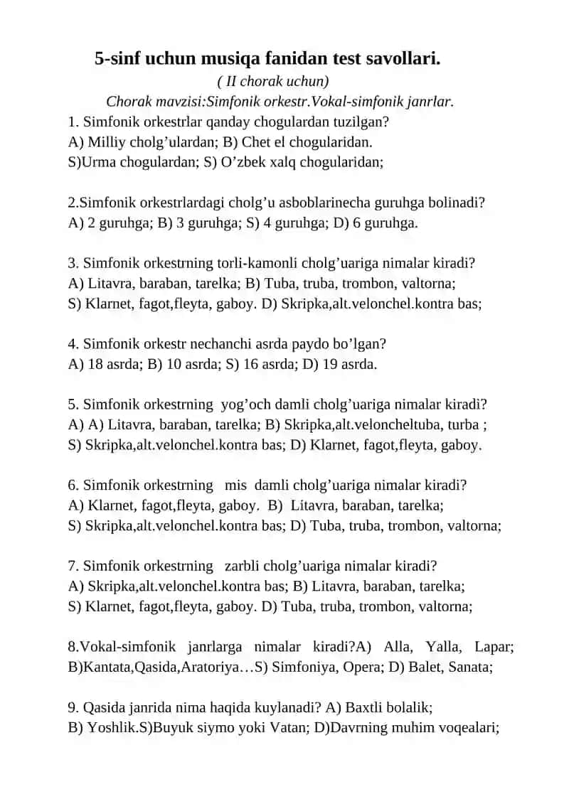 5-sinf uchun musiqa fanidan test savollari 3